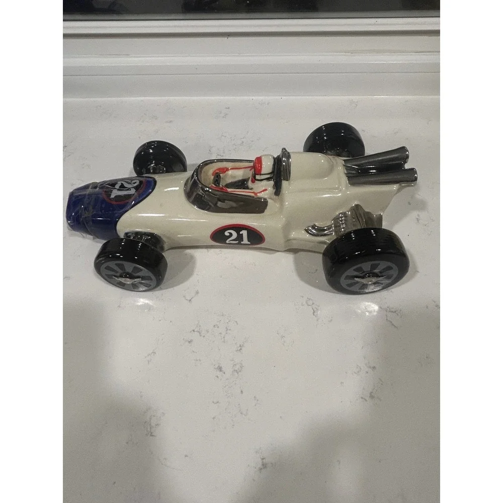 Vintage Heritage China Race Car Decanter Indy Style Number 21 Ceramic Cream Blue